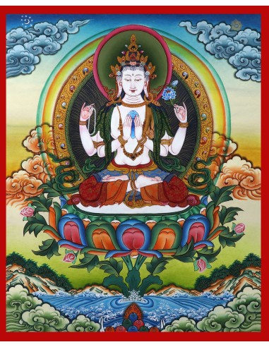 Avalokiteshvara Buddha four-arms, carrying a rose flower in the right hand and shankha beads in left