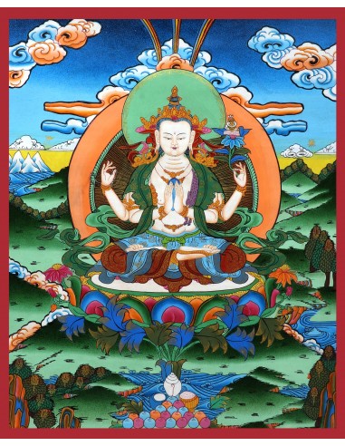 Avalokiteshvara Buddha four-armed, carrying a rose flower in the right hand and shankha beads in left, handmade thanka paint