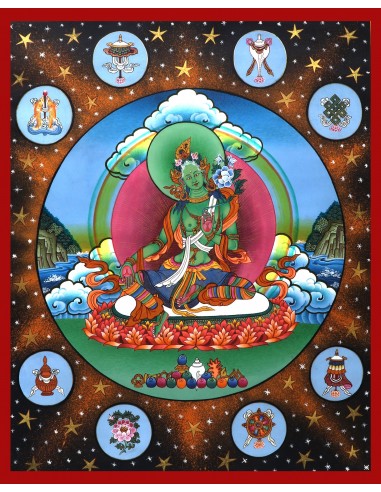 green tara represents the virtuous, enlightenment, long life, life protection, happiness, cotton canvas thangka, 24 karat pure