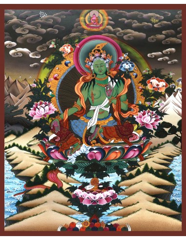 Original hand-painted Tibetan thanka green tara, painting with silk brocade meditation thangka, tara paintings, arya tara, 24x18