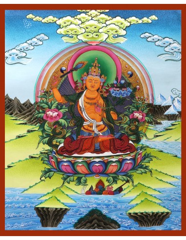 Manjushri god of wisdom, right hand holding PRAJNA KHADGA - the sword of wisdom, cotton canvas thangka painting