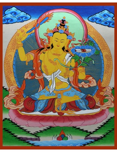 Manjushri god of wisdom, right hand holding PRAJNA KHADGA - the sword of wisdom, gold plated, cotton canvas 15"x11" inch