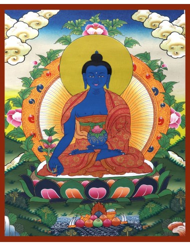 Medicine Buddha Cotton Canvas Thangka Painting. 20"x15" size, Cure Suffering using the medicine of his teachings, Healing, pure