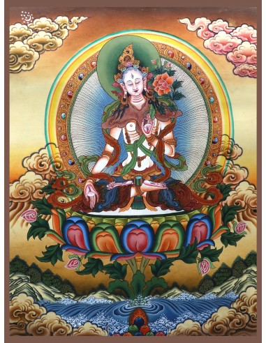 White tara long-life, healing, compassion, health, Thangka, cotton canvas, 24 karat pure gold, mineral and vegetable pigments