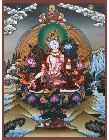 White tara long-life, healing, compassion, health, Thangka, cotton canvas, Mantra, Spirituality, Enlightenment