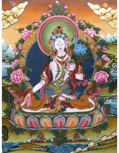 White tara long-life, healing, compassion, health, Thangka, cotton canvas, Mantra, Spirituality, Enlightenment