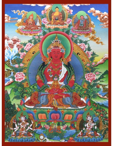 Tse Lha Nam Sum with Amitayus, Amitayus deity of longevity, White Tara (Drolkar),  Ushnishavijaya (Namgyalma), compassionate god