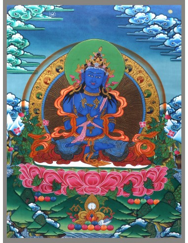 An artistic representation of Vajradhara Dorje Chang, surrounded by flames and holding a vajra and a bell, pure gold, cotton can