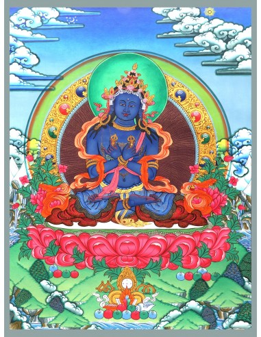 An artistic representation of Vajradhara Dorje Chang, surrounded by flames and holding a vajra and a bell, pure gold, spritual