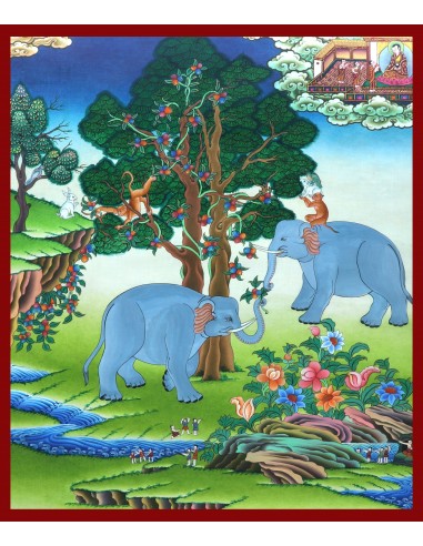 Four Kind-hearted Friends Thangka, Four Generous Friends Thangka, Four Devoted Friends Thangka, Four Friends Elephant, monkey, r