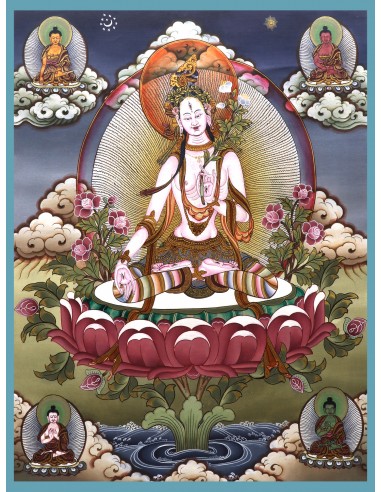 17"x13.5" White Tara With 4 Buddhas (Head) Thangka Painting